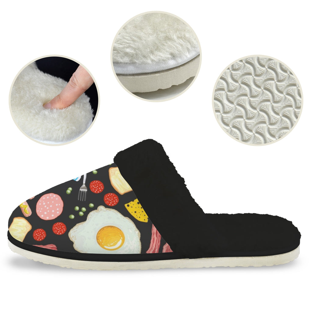Breakfast Food Men's Fur Trim Thick-Sole Indoor Slippers Men's Fur Trimmed Slippers Food Printed Offshore