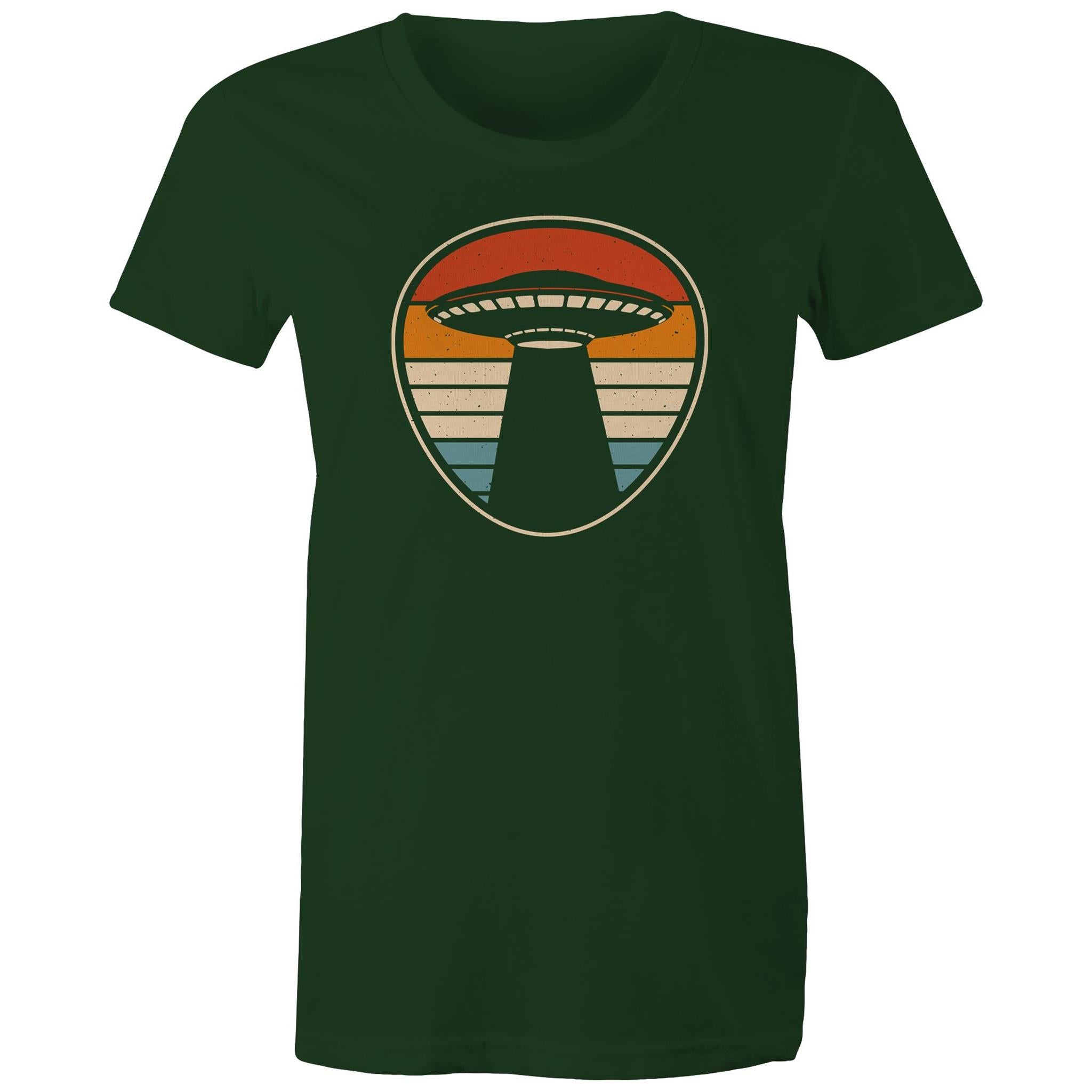 UFO, Retro Stripes - Womens T-shirt Forest Green Womens T-shirt Printed In Australia