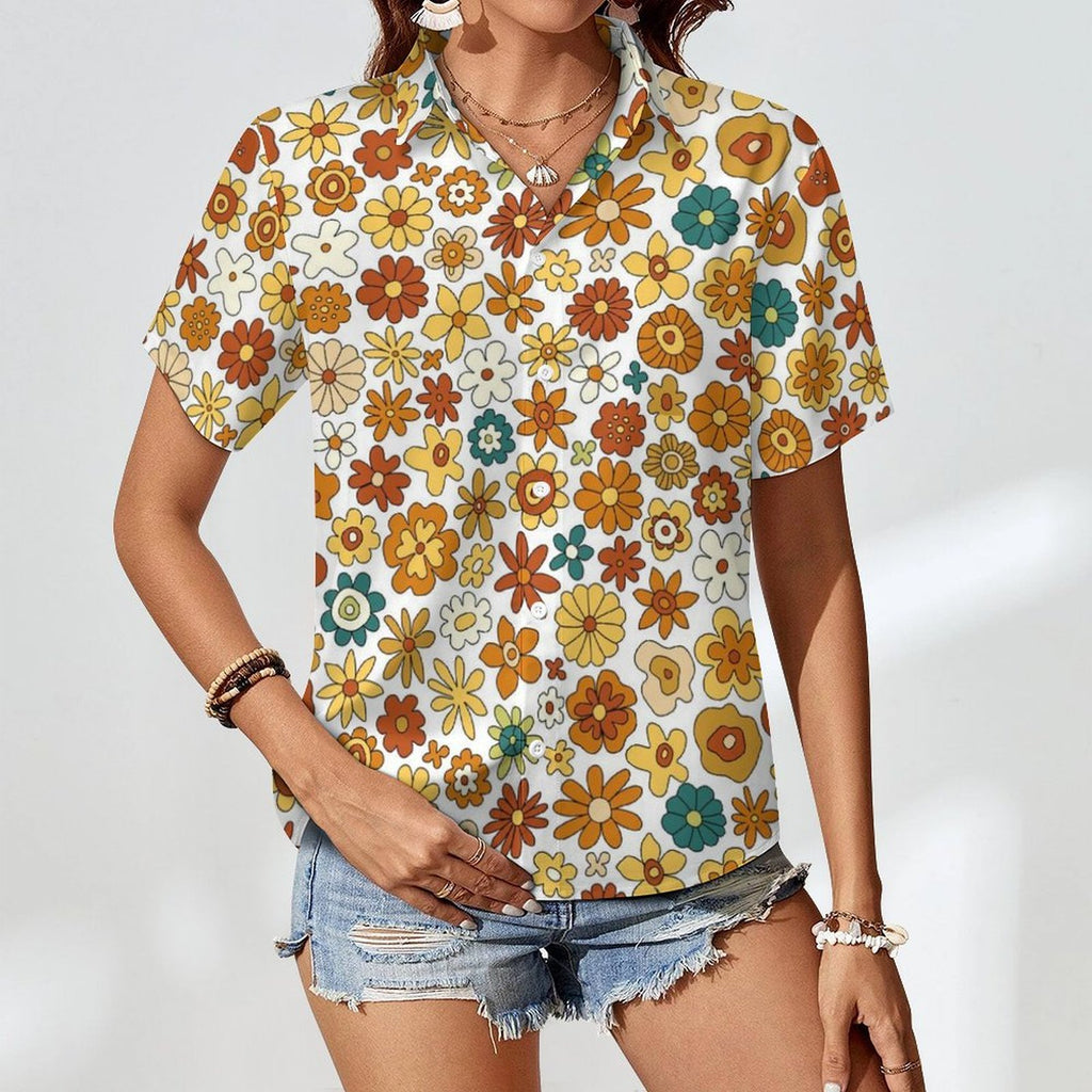 70's Style Floral Women's Collared Pocketless Short Sleeve Shirt