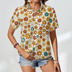 70's Style Floral Women's Collared Pocketless Short Sleeve Shirt