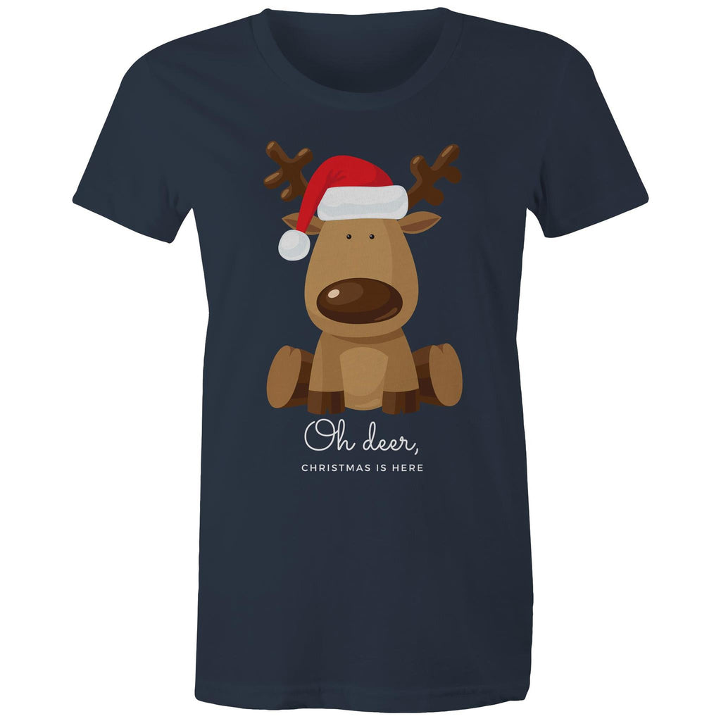 Oh Deer, Christmas Is Here, Reindeer - Womens T-shirt Navy Womens Christmas T-shirt Christmas Printed In Australia
