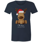 Oh Deer, Christmas Is Here, Reindeer - Womens T-shirt Navy Womens Christmas T-shirt Christmas Printed In Australia