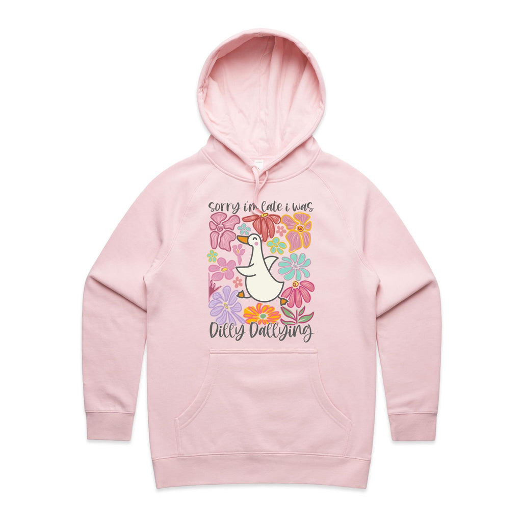 Sorry I'm Late, I Was Dilly Dallying - Womens Hoodie Pink Womens Hoodie animal Printed In Australia