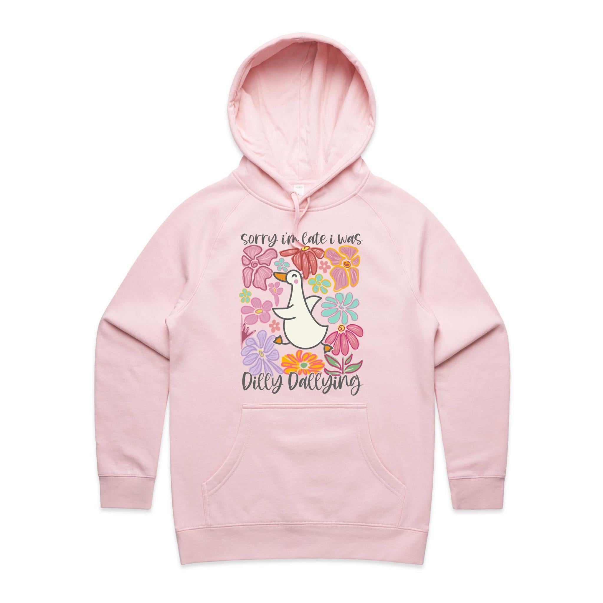 Sorry I'm Late, I Was Dilly Dallying - Womens Hoodie Pink Womens Hoodie animal Printed In Australia