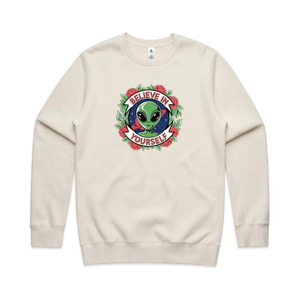 Believe In Yourself, Alien - AS Colour Stencil Crew Ecru Sweatshirt Motivation Positivity Printed In Australia Sci Fi