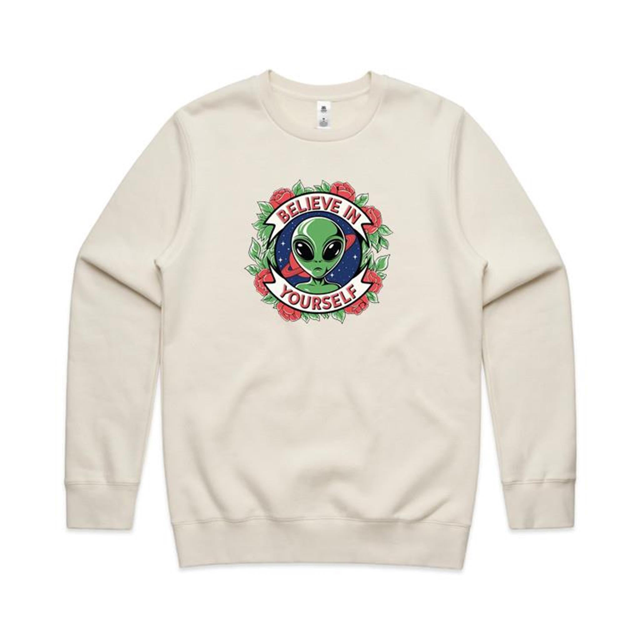 Believe In Yourself, Alien - AS Colour Stencil Crew Ecru Sweatshirt Motivation Positivity Printed In Australia Sci Fi