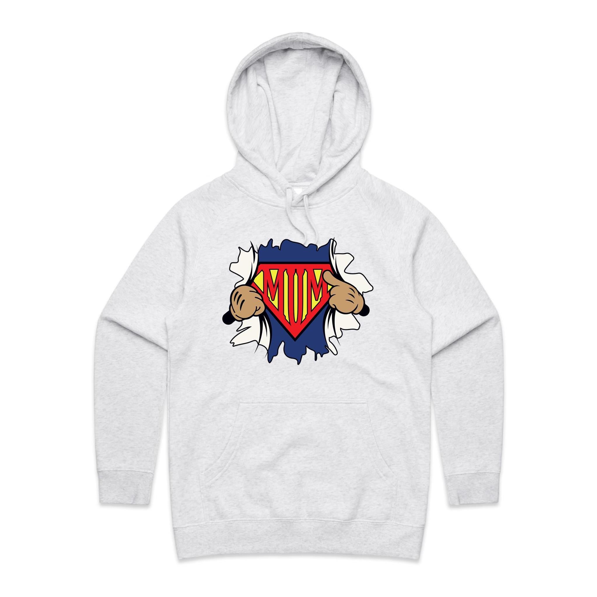 Super Mum - Womens Hoodie White Marle Womens Hoodie comic Mum Printed In Australia