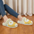 Daisies On Yellow Women's Fur Trim Thick-Sole Indoor Slippers Women's Fur Trimmed Slippers Plants Printed Offshore