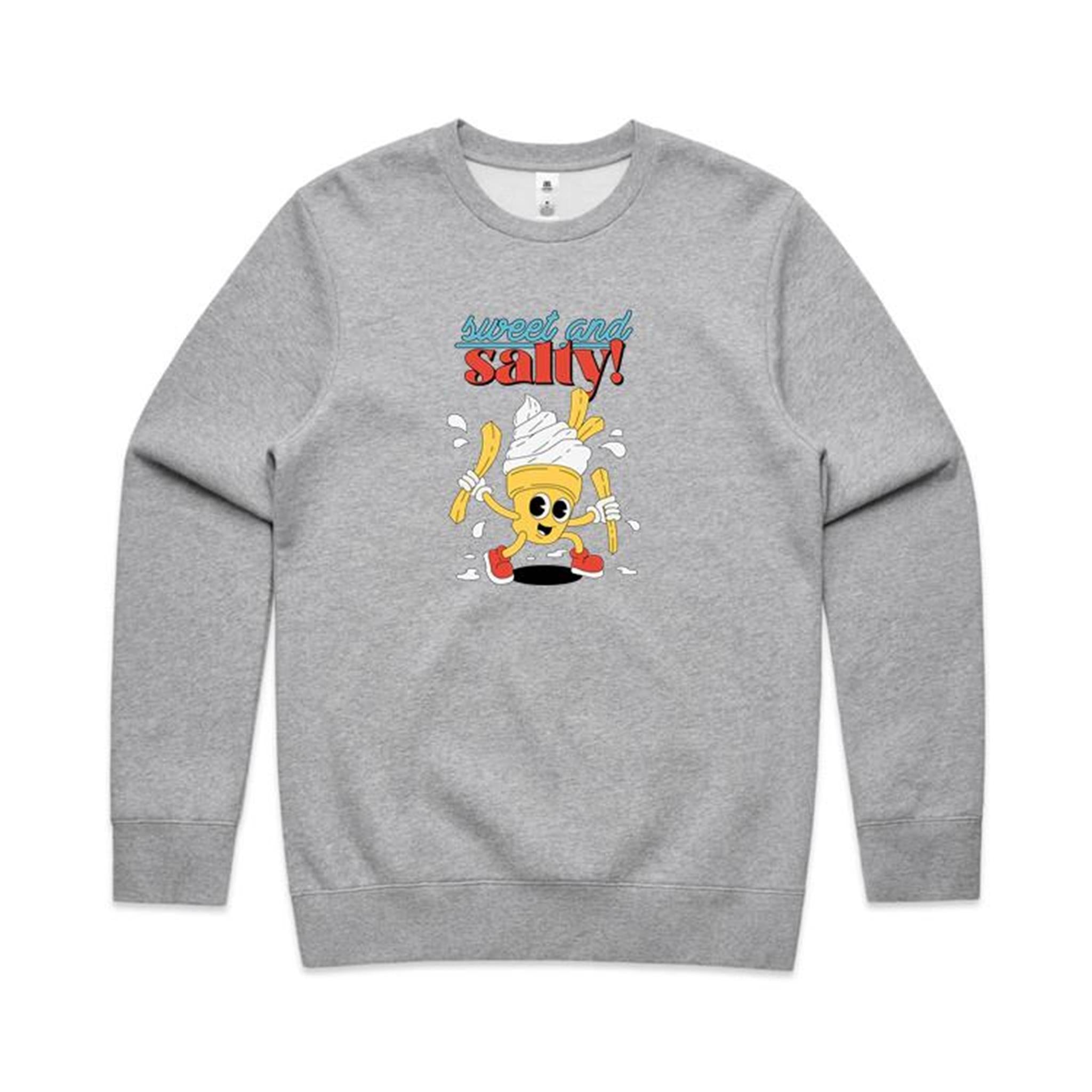 Sweet And Salty, Ice-Cream And Fries - AS Colour Stencil Crew Grey Marle Sweatshirt Food Printed In Australia