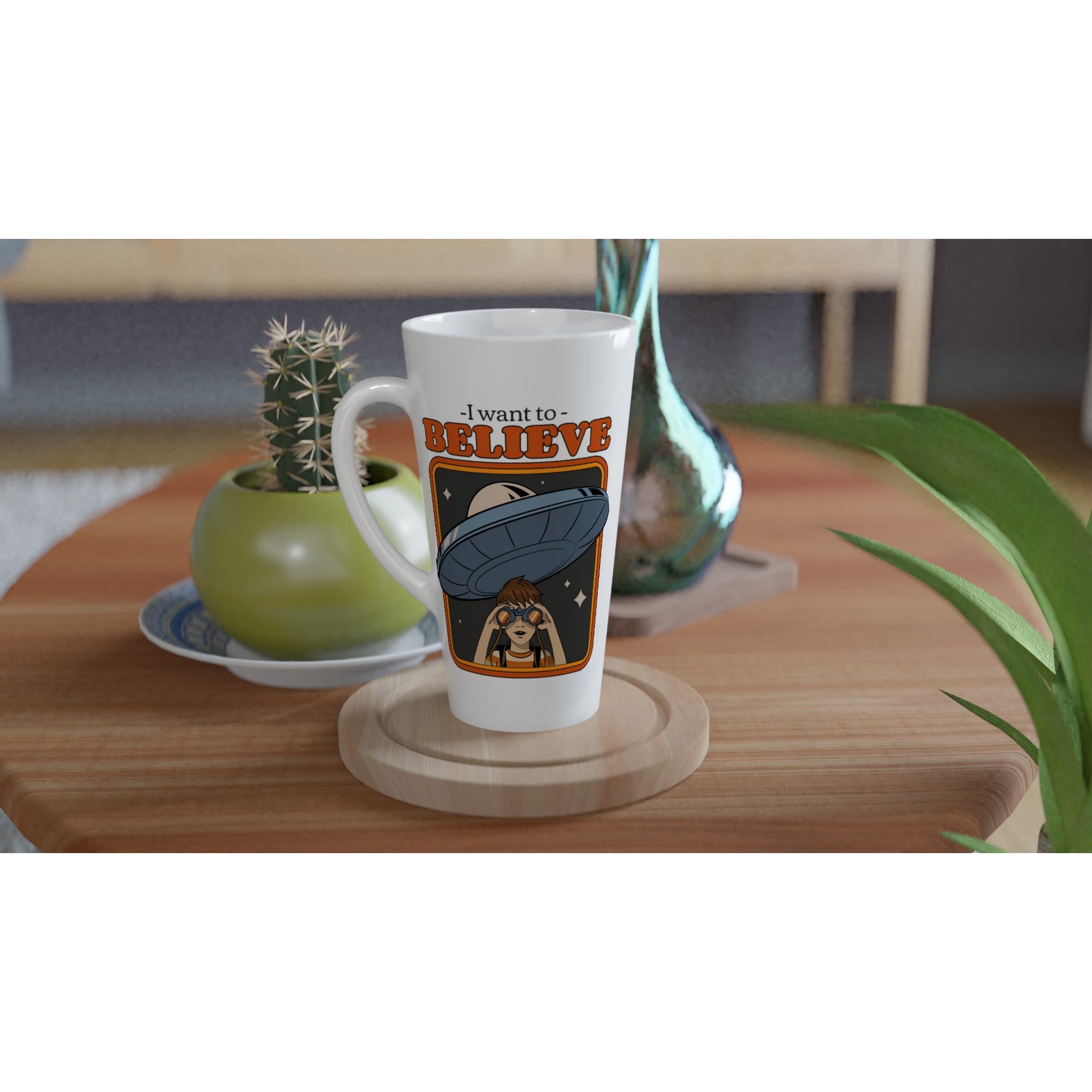 UFO, I Want To Believe - White Latte 17oz Ceramic Mug Latte Mug Globally Fulfilled Retro Sci Fi