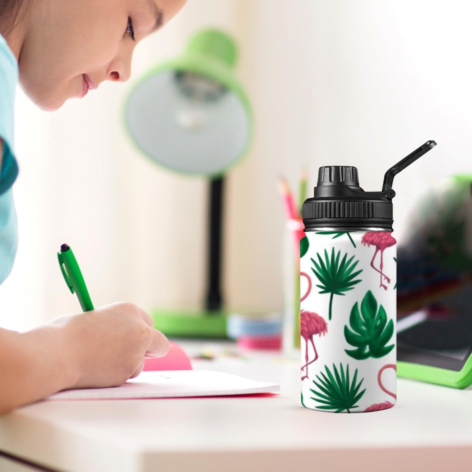 Flamingo Leaves - Kids Water Bottle with Chug Lid (12 oz)