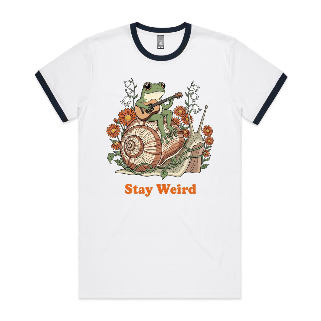 Stay Weird, Guitar Playing Frog On A Snail AS Colour Men's AS Colour Ringer Tee White Navy Ringer T-Shirt animal Music Printed In Australia
