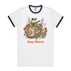Stay Weird, Guitar Playing Frog On A Snail AS Colour Men's AS Colour Ringer Tee White Navy Ringer T-Shirt animal Music Printed In Australia