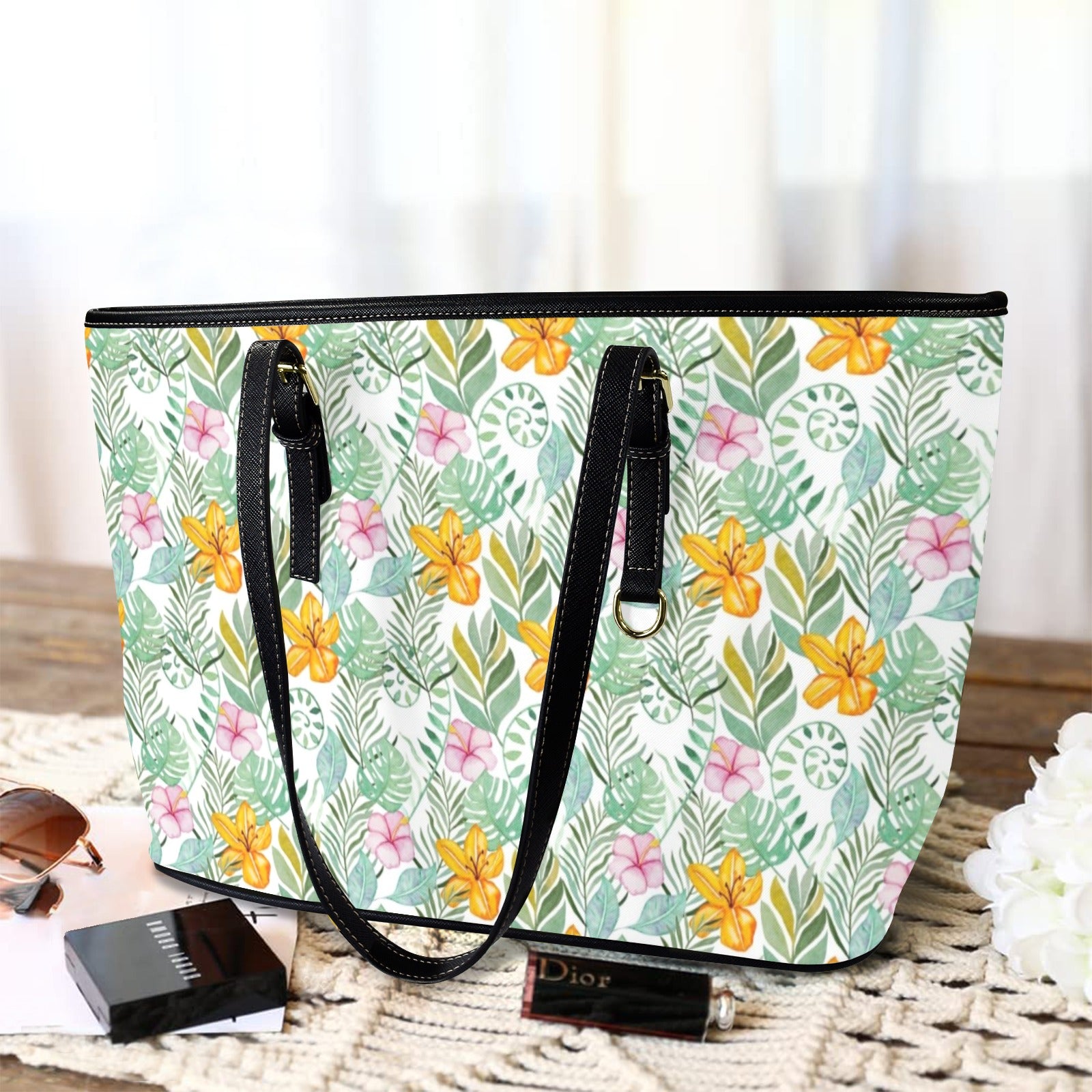 Tropical Flowers And Leaves PU Leather Tote Bag Large Leather Tote Bag-Large Plants Printed Offshore