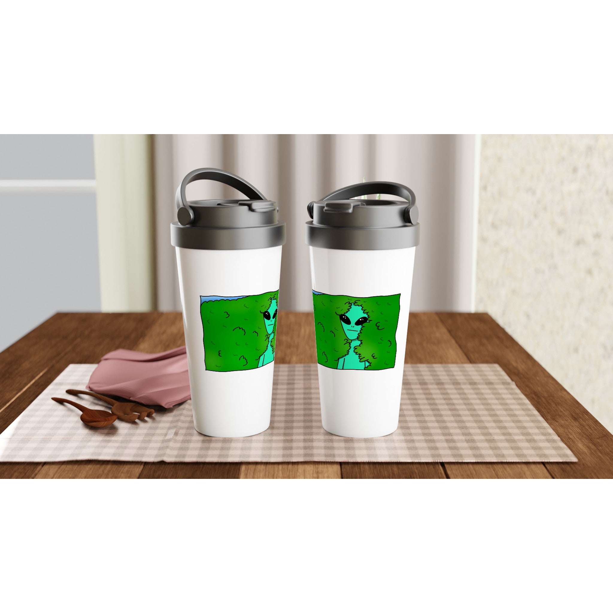 Alien Backing Into Hedge Meme - White 15oz Stainless Steel Travel Mug Travel Mug Funny Globally Fulfilled