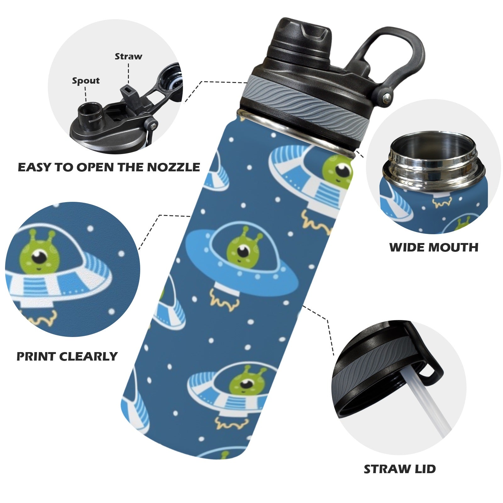 Cute Aliens in UFOs - Insulated Water Bottle with Dual-Use Lid (18oz) Insulated Water Bottle with Dual-Use Lid (18oz) Printed Offshore Sci Fi