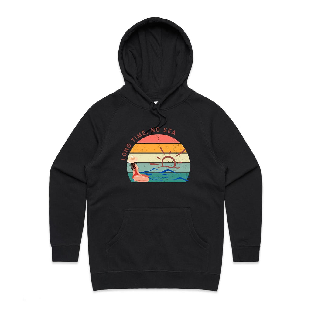 Long Time, No Sea - Womens Hoodie Black Womens Hoodie Printed In Australia Summer Surf