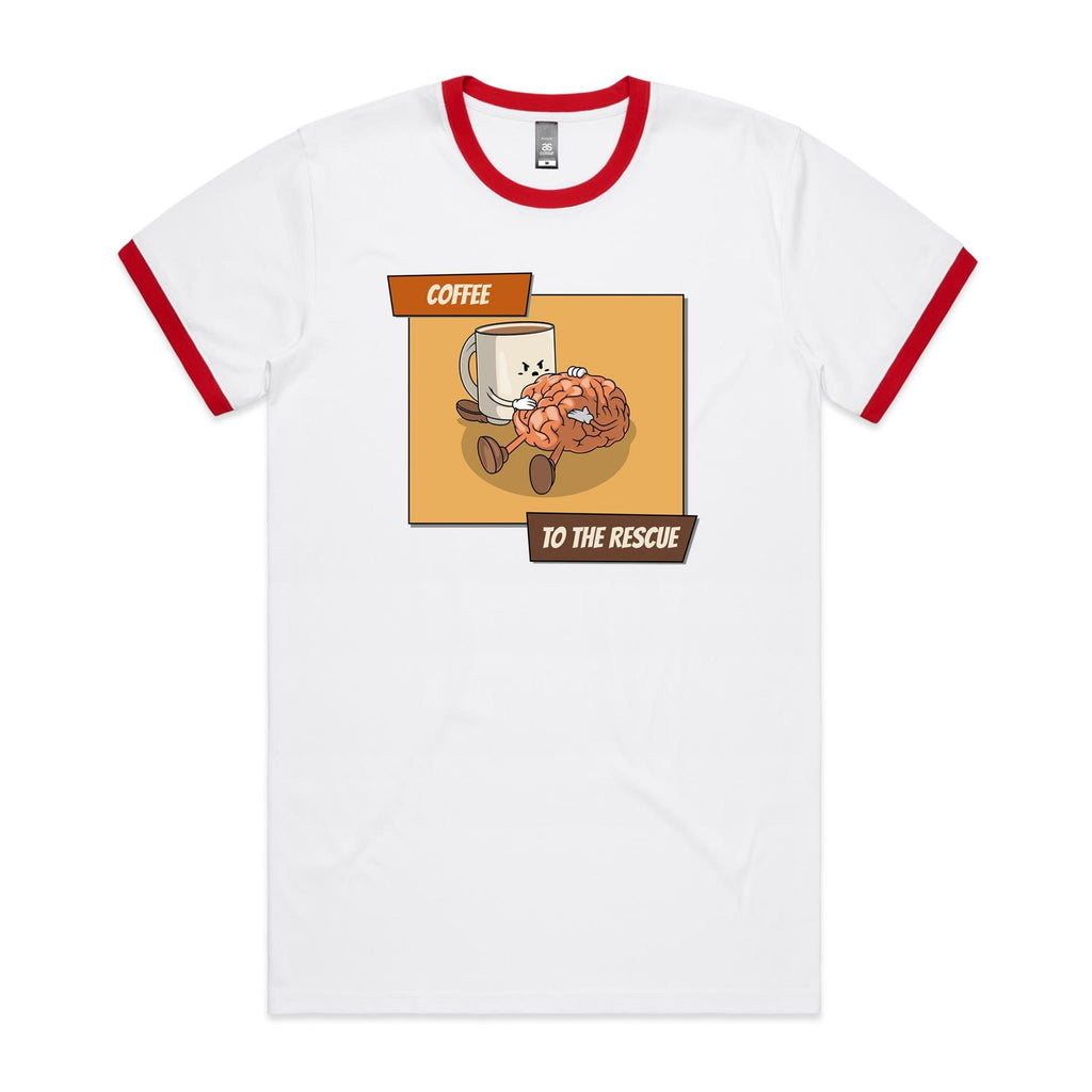 Coffee To The Rescue - Staple Ringer Tee White Red Ringer T-Shirt Coffee Printed In Australia