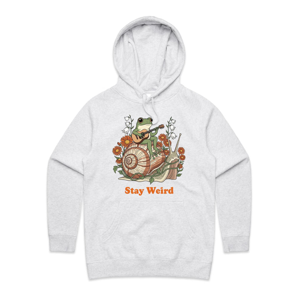 Stay Weird, Guitar Playing Frog On A Snail Women's AS Colour Hoodie White Marle Womens Hoodie animal Music Printed In Australia