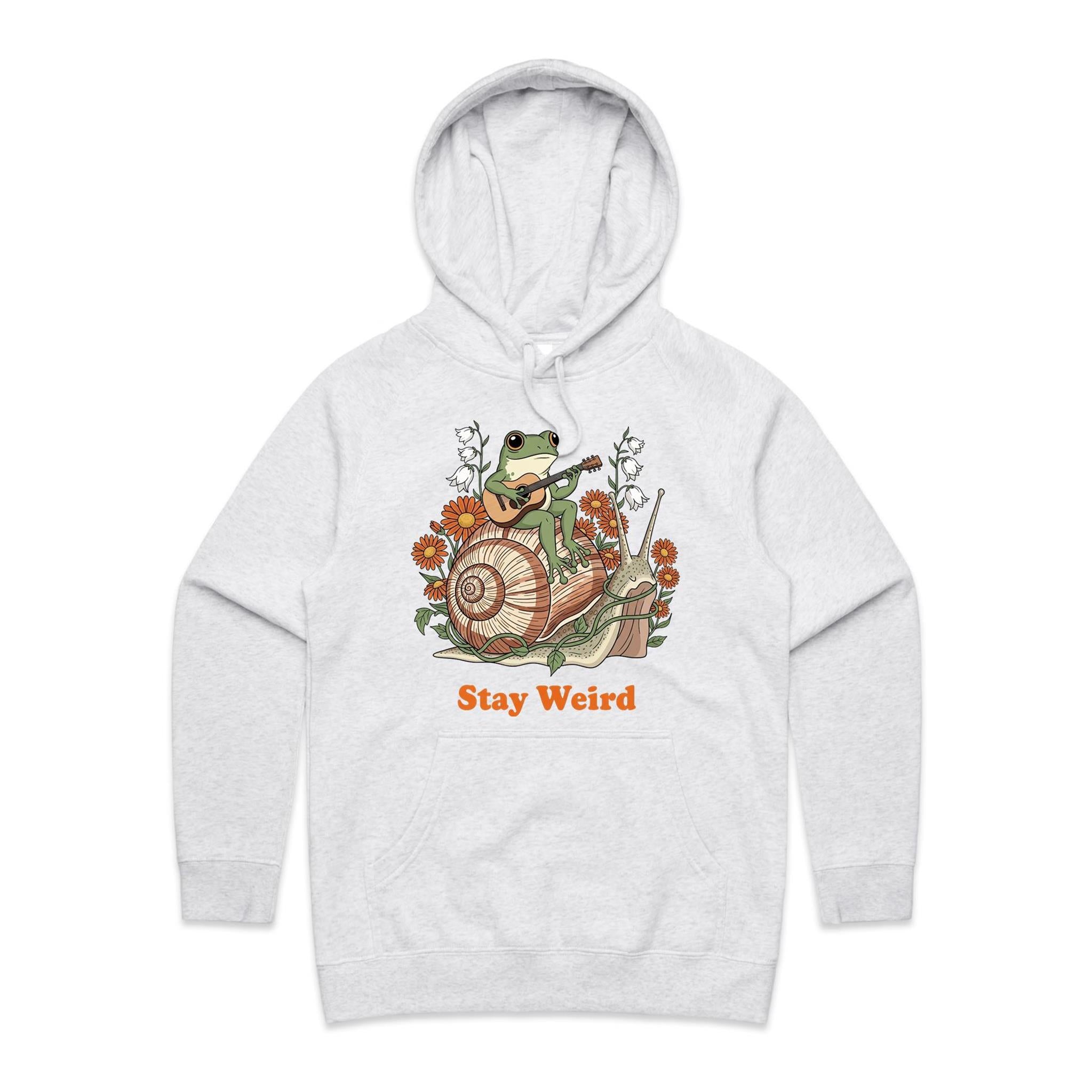 Stay Weird, Guitar Playing Frog On A Snail Women's AS Colour Hoodie White Marle Womens Hoodie animal Music Printed In Australia