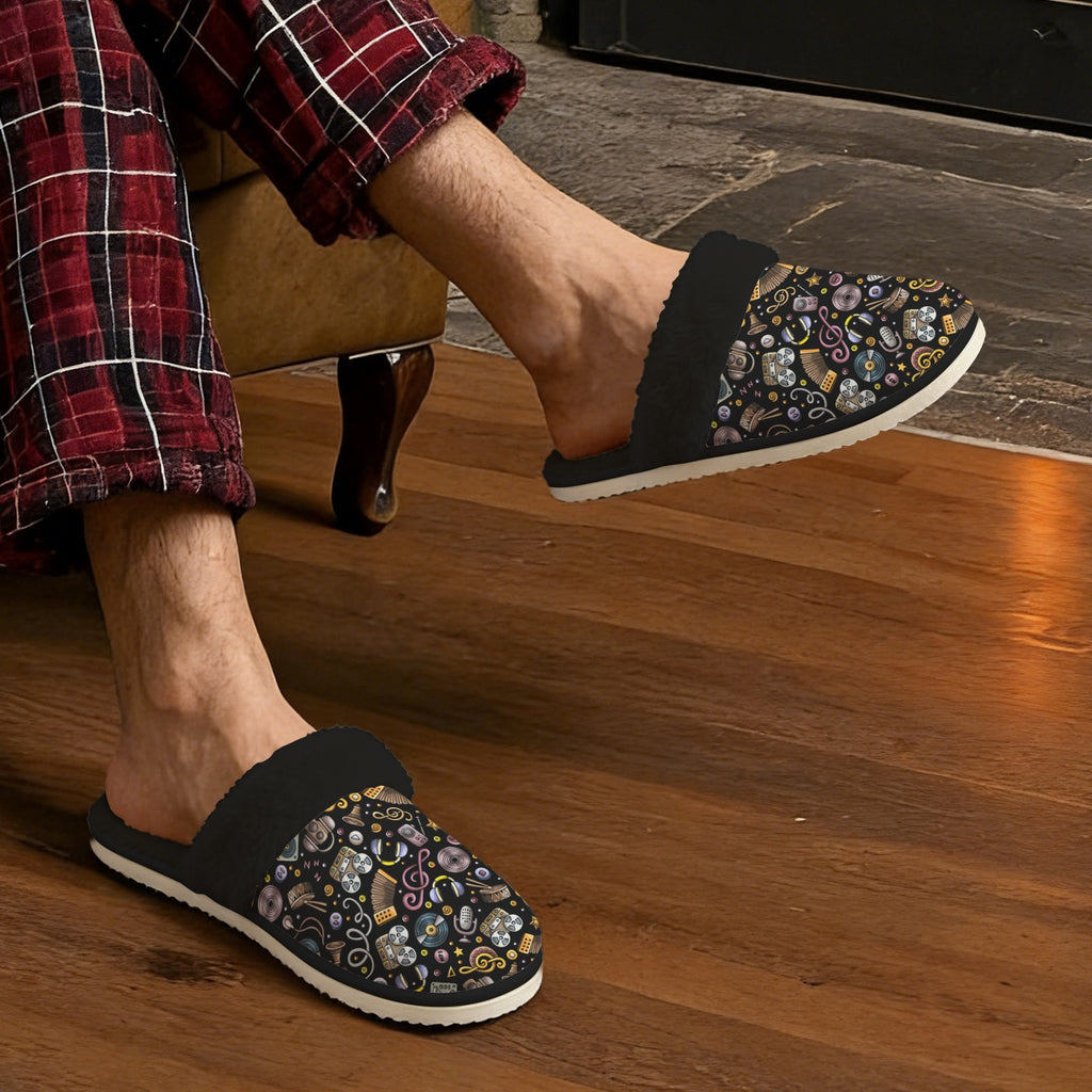 Retro Music Mix Men's Fur Trim Thick-Sole Indoor Slippers Men's Fur Trimmed Slippers Music Printed Offshore