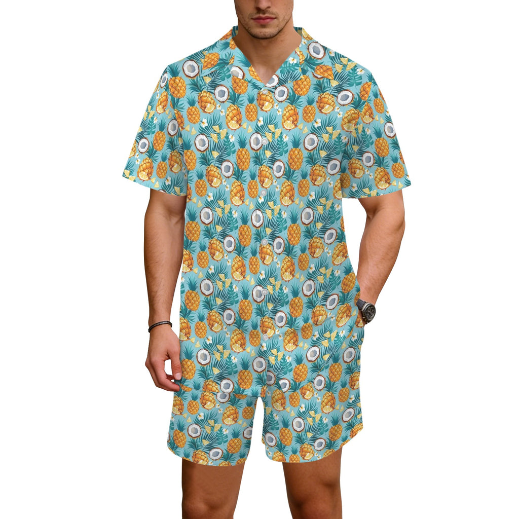 Pineapple Coconut Men's Hawaiian Shirt & Shorts Set Men's Hawaiian Shirt & Shorts Set Food Printed Offshore