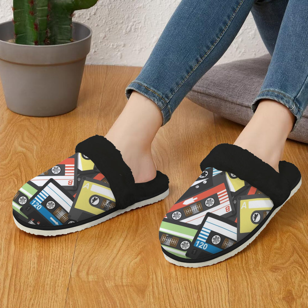 Cassette Tapes Women's Fur Trim Thick-Sole Indoor Slippers Women's Fur Trimmed Slippers Music Printed Offshore Retro