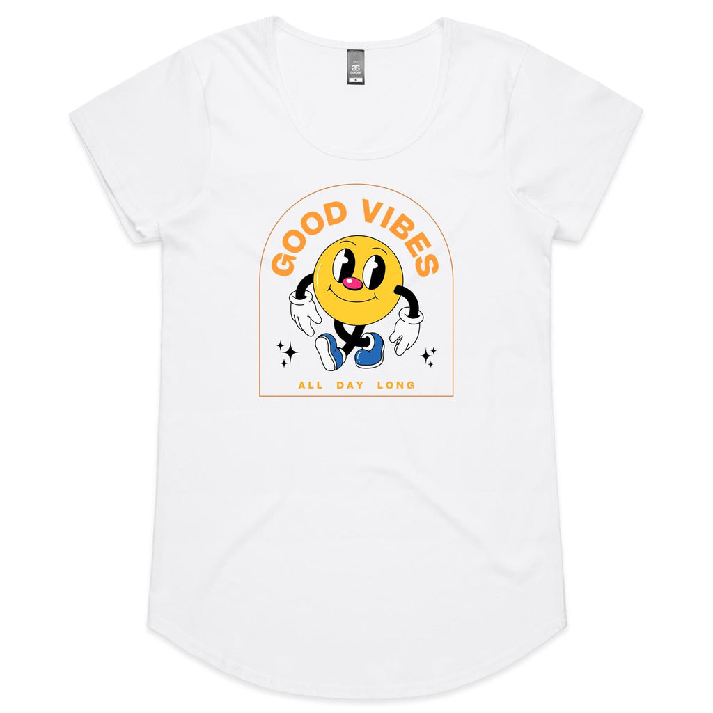 Good Vibes All Day Long - Womens Scoop Neck T-Shirt White Womens Scoop Neck T-shirt Positivity Printed In Australia Retro
