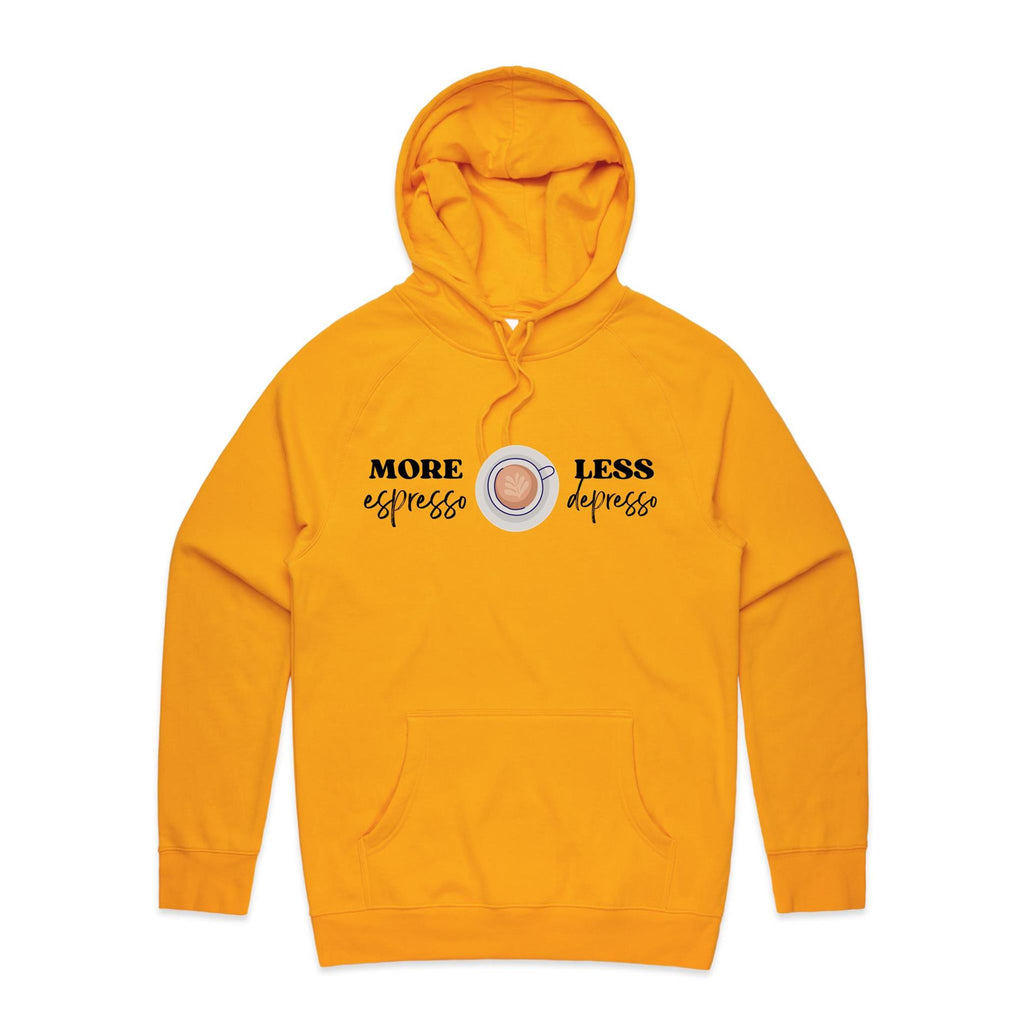 More Espresso, Less Depresso Men's AS Colour Hoodie Gold Mens Hoodie Coffee Printed In Australia