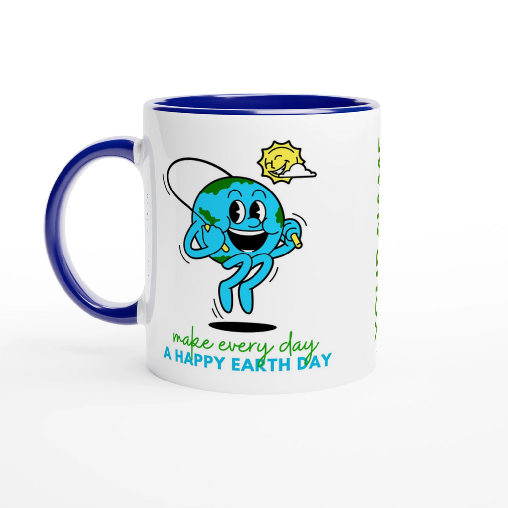 Personalised - Make Every Day A Happy Earth Day - White 11oz Ceramic Mug with Colour Inside Ceramic Blue Personalised 11oz Mug customise Environment Globally Fulfilled personalise