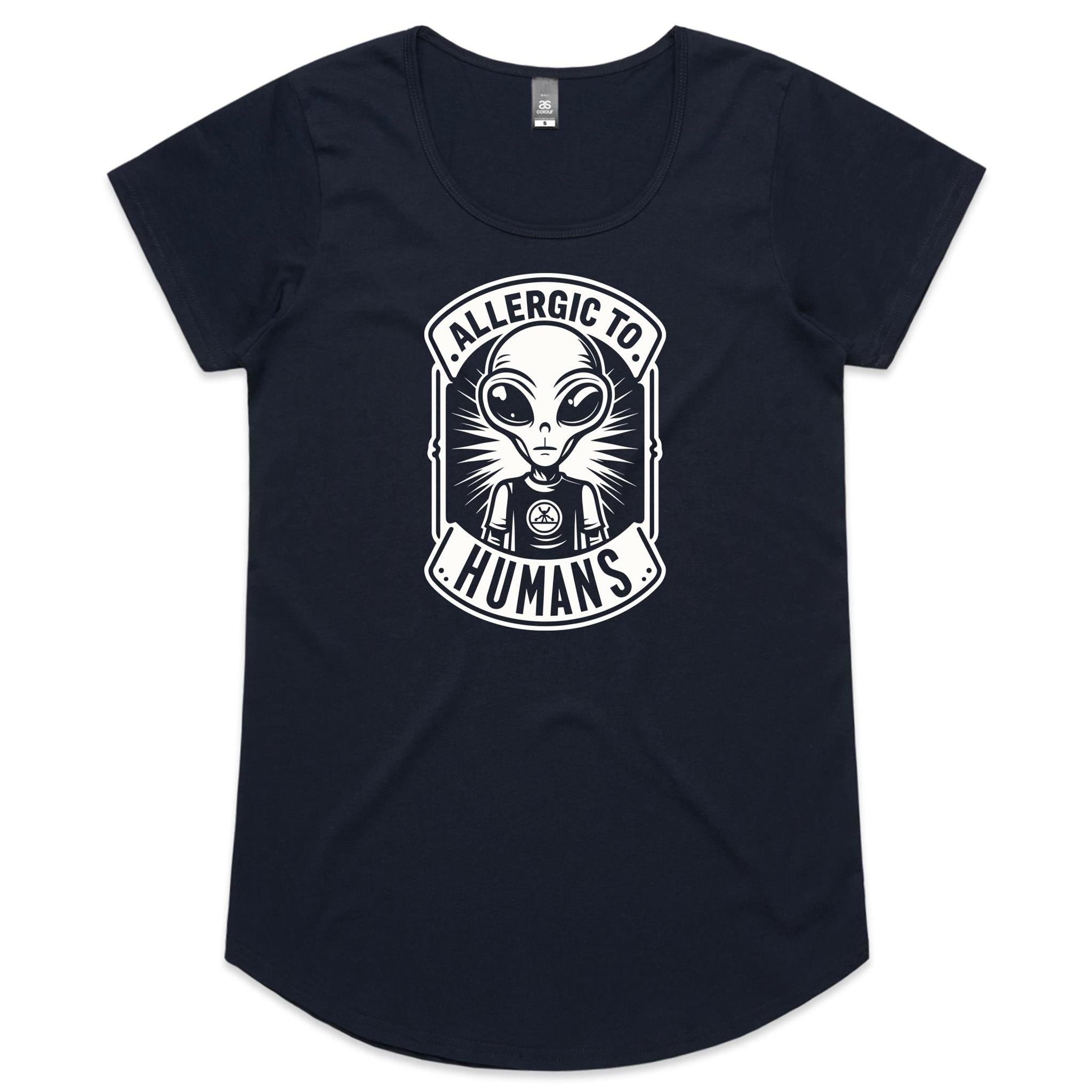 Alien, Allergic To Humans - Womens Scoop Neck T-shirt Navy Womens Scoop Neck T-shirt Printed In Australia Sci Fi