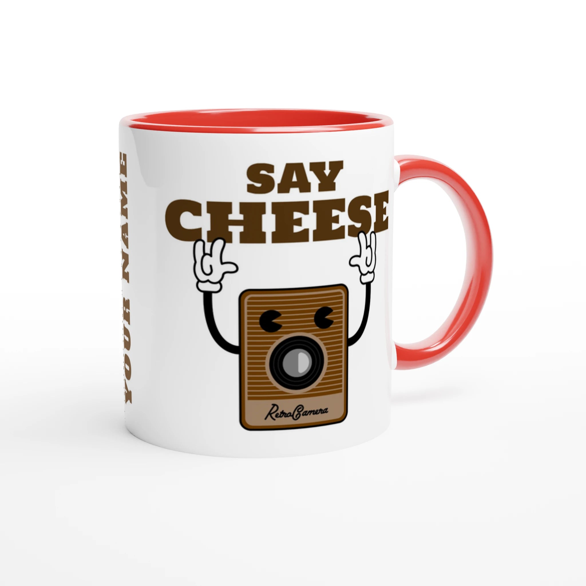 Personalised - Say Cheese, Retro Camera - White 11oz Ceramic Mug with Colour Inside Personalised 11oz Mug customise Globally Fulfilled personalise Retro Tech