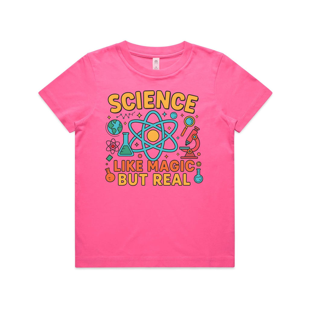 Science, Like Magic But Real Kid's AS Colour T-shirt Charity pink Kids Youth T-shirt Printed In Australia Science