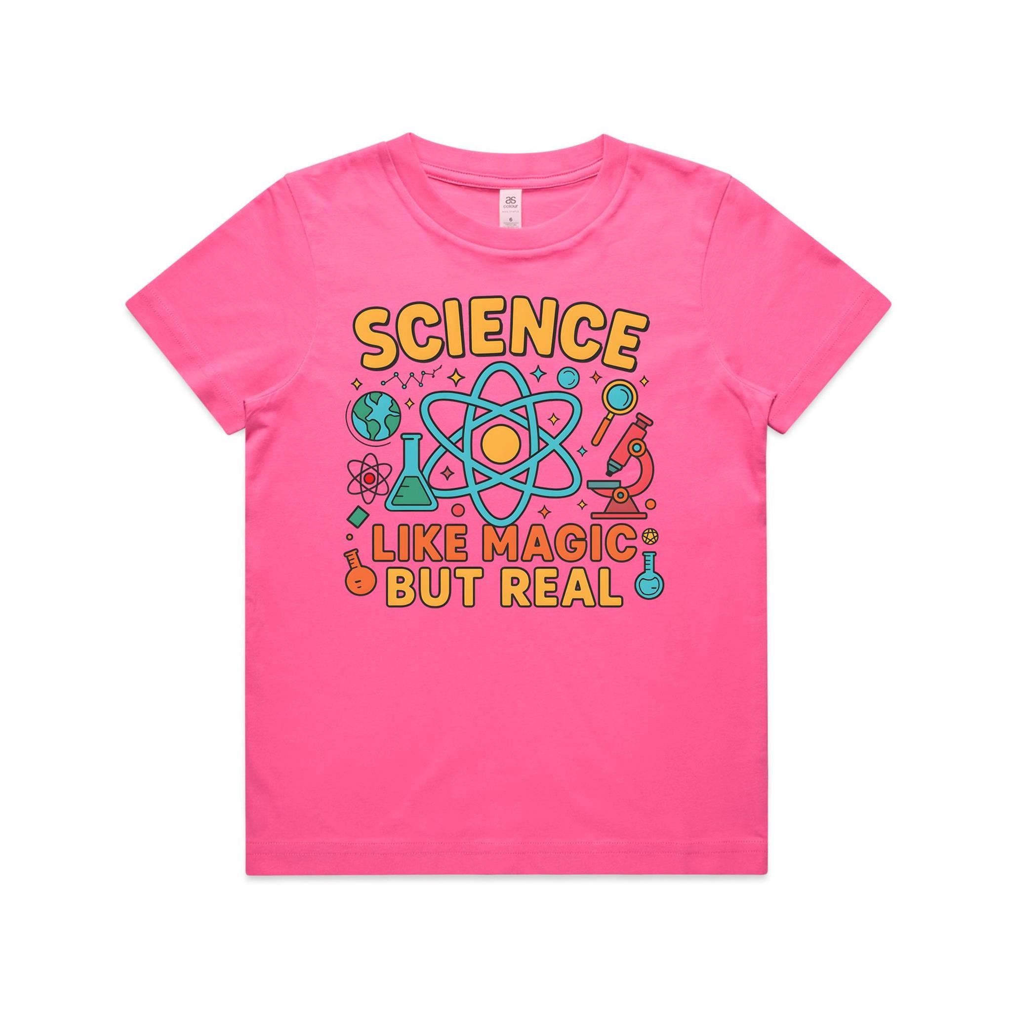 Science, Like Magic But Real Kid's AS Colour T-shirt Charity pink Kids Youth T-shirt Printed In Australia Science