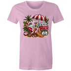 Santa By The Beach - Womens T-shirt Pink Womens Christmas T-shirt Christmas Printed In Australia