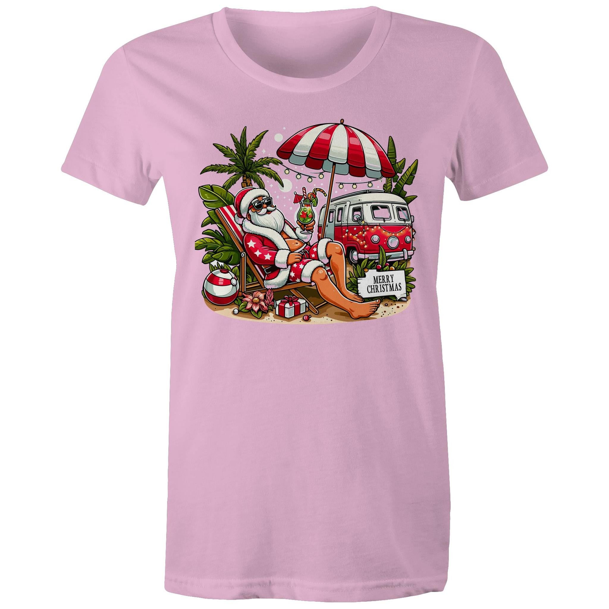 Santa By The Beach - Womens T-shirt Pink Womens Christmas T-shirt Christmas Printed In Australia
