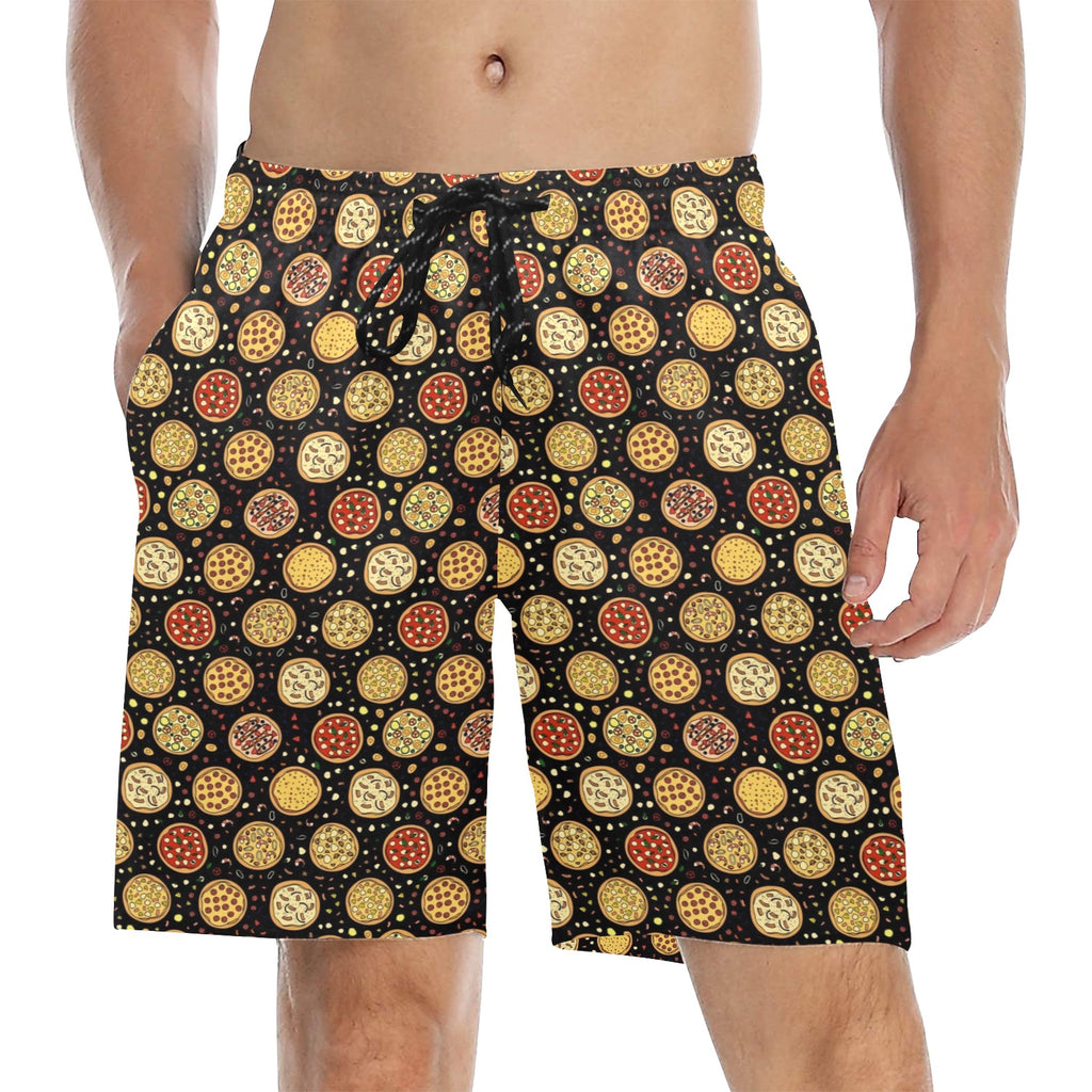Round Pizzas On Black Men's Mid-Length Beach Shorts 5XL Men's Mid-Length Beach Shorts Food Printed Offshore