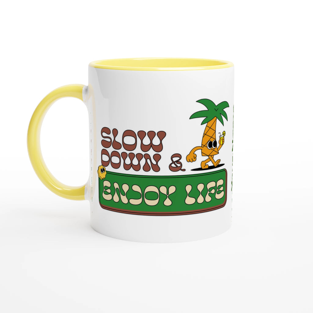 Personalise - Slow Down And Enjoy Life - White 11oz Ceramic Mug Ceramic Yellow Personalised Mug customise Globally Fulfilled personalise Retro