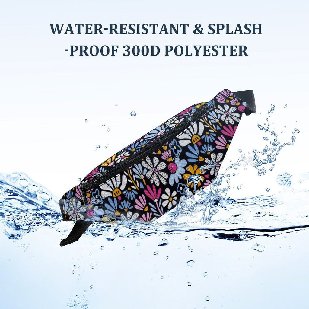 Graphic Flowers On Black - Bum Bag / Fanny Pack