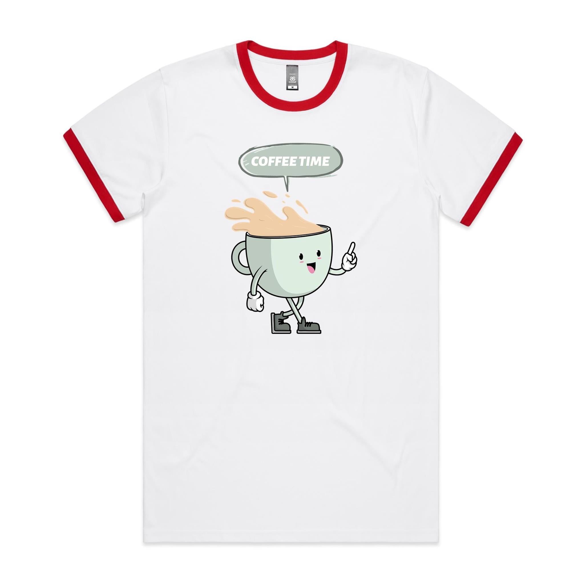 Coffee Time - Staple Ringer Tee White Red Ringer T-Shirt Coffee Printed In Australia