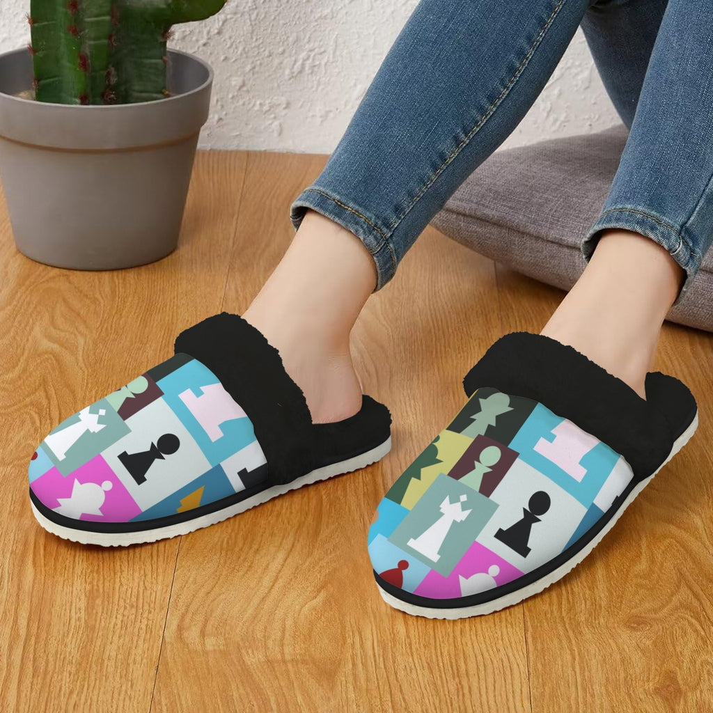 Colourful Chess Women's Fur Trim Thick-Sole Indoor Slippers Women's Fur Trimmed Slippers Chess Games Printed Offshore