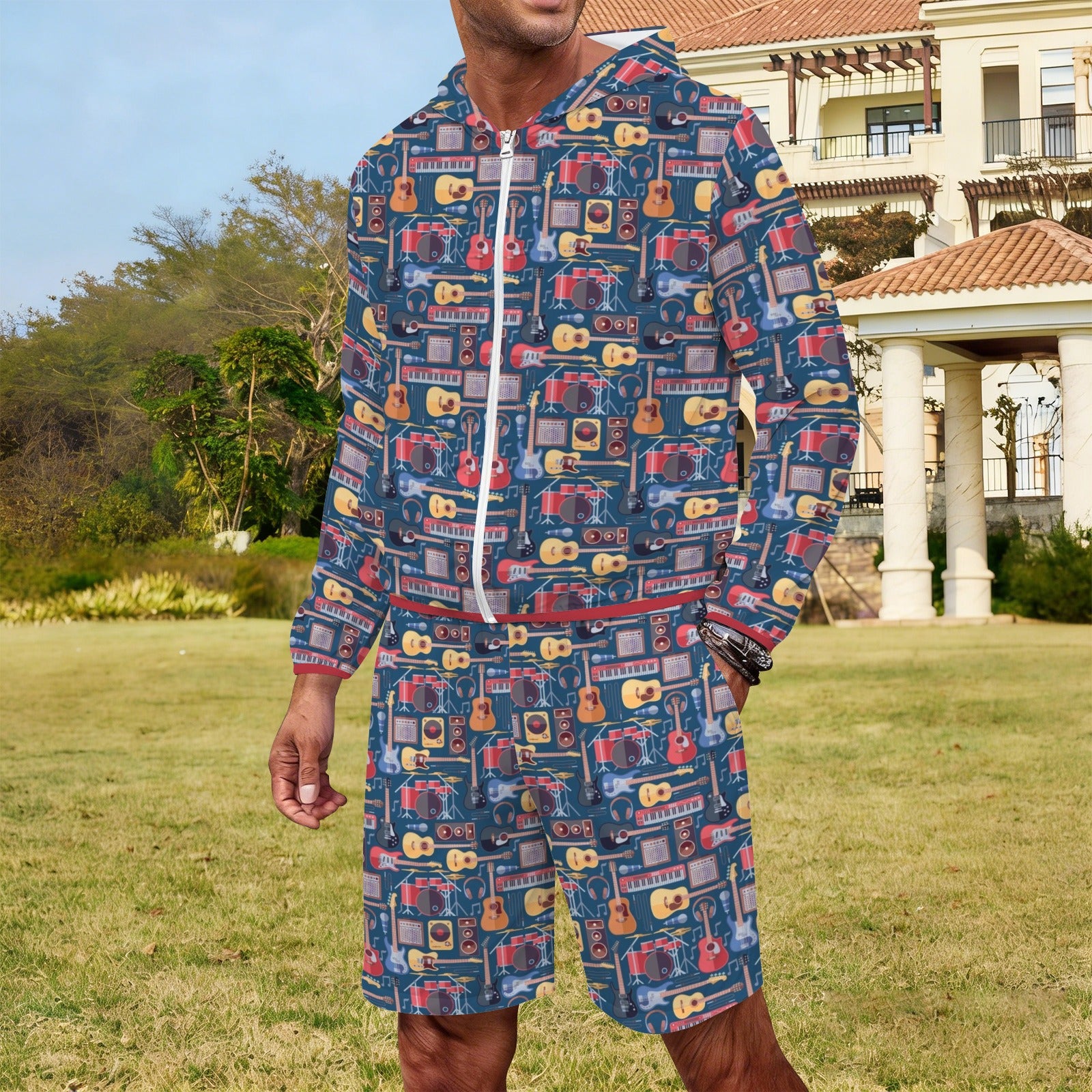 Music Instruments Men's Lightweight Sun Hoodie & Shorts Set Men's Lightweight Sun Hoodie & Shorts Music Printed Offshore