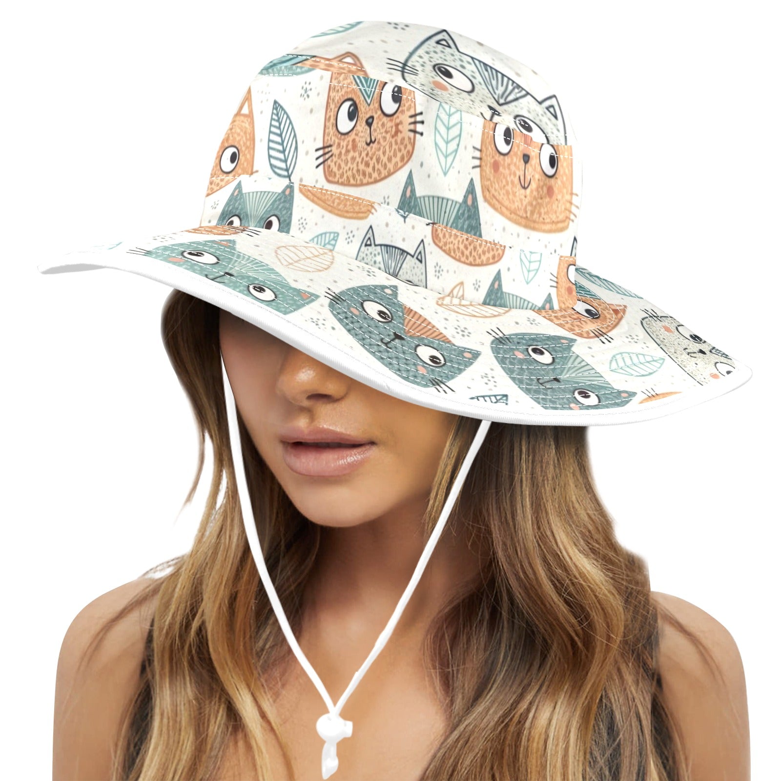 Cute Cat Faces - Wide Brim Bucket Hat Wide Brim Bucket Hat animal Printed Offshore