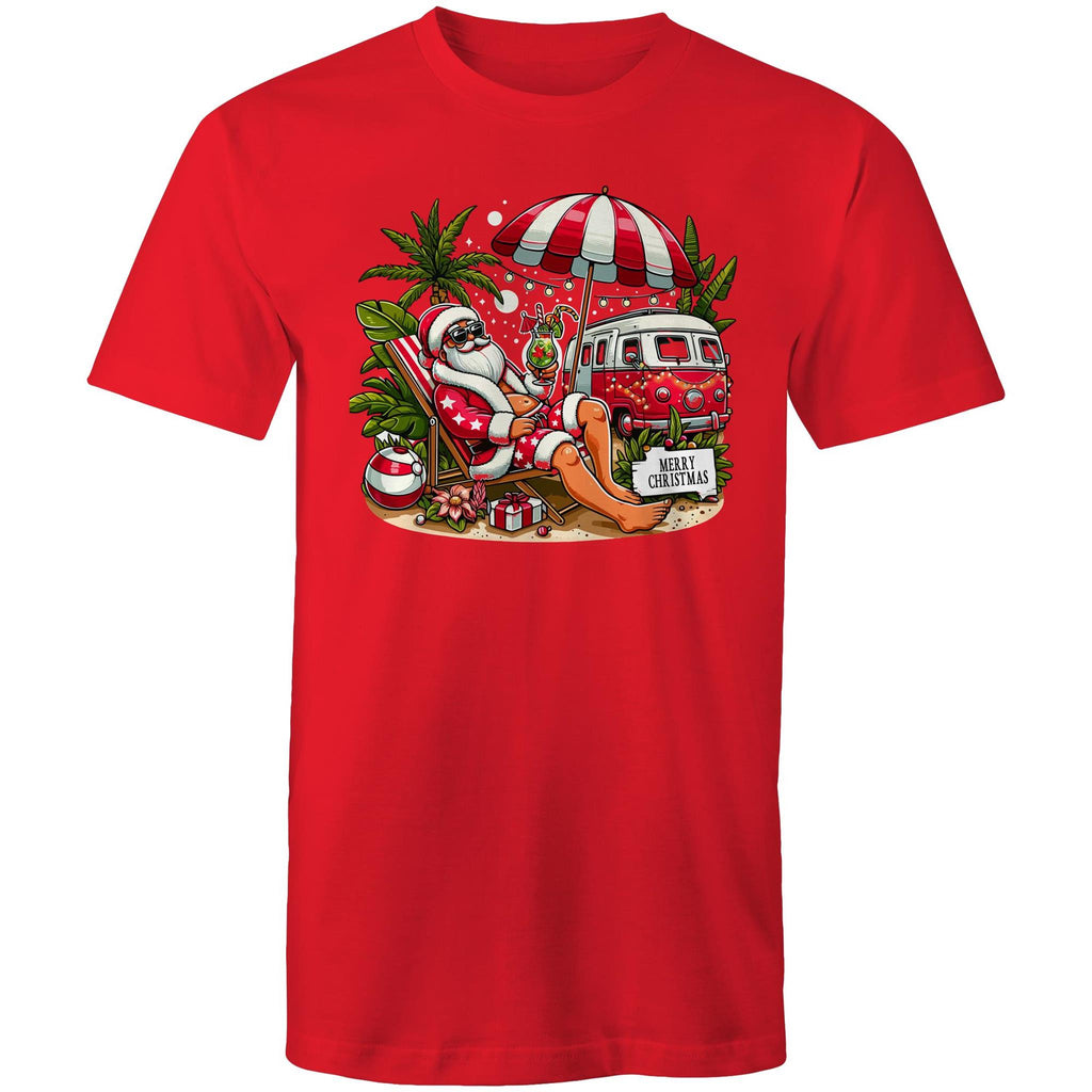 Santa By The Beach - Mens T-Shirt Red Mens Christmas T-shirt Christmas Printed In Australia