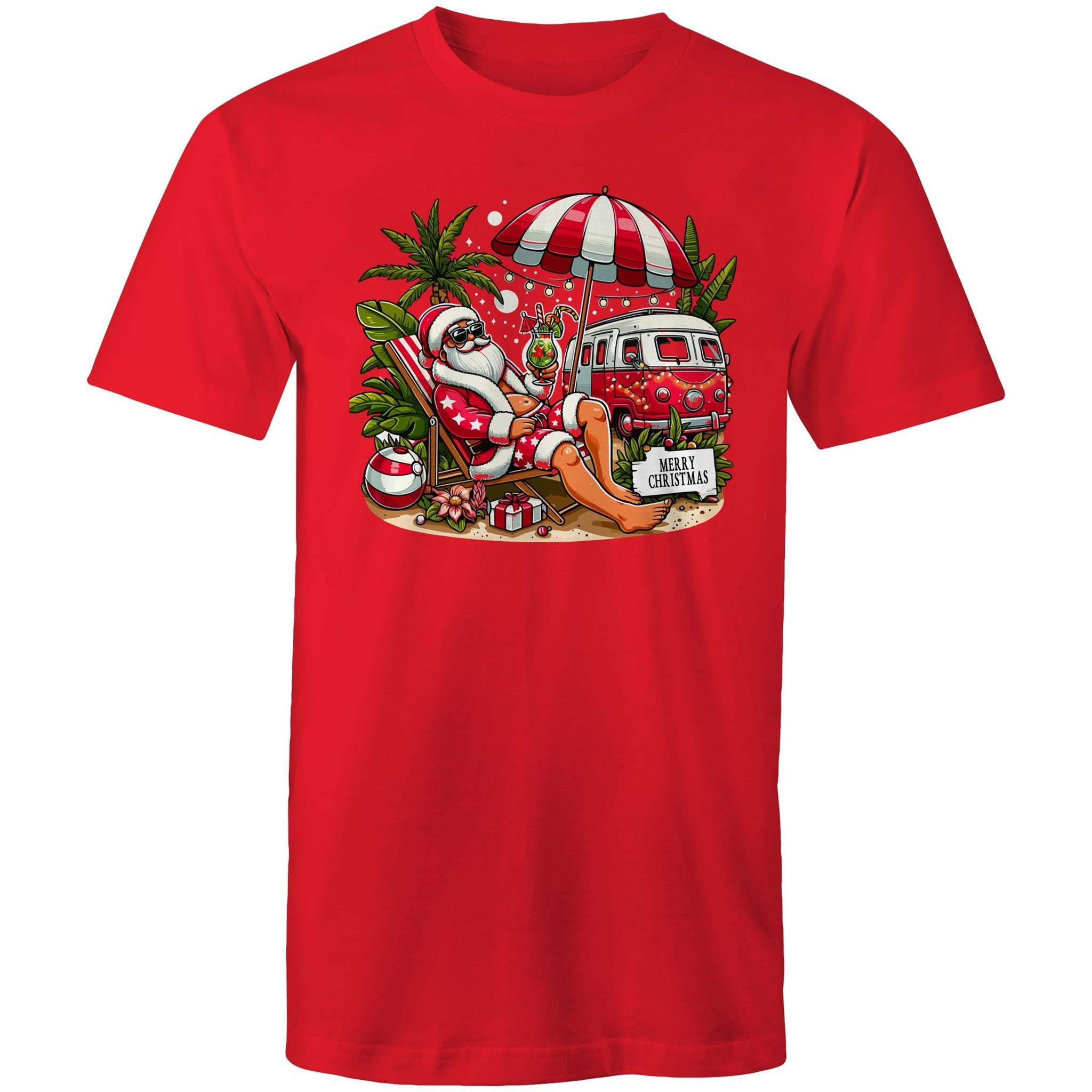 Santa By The Beach - Mens T-Shirt Red Mens Christmas T-shirt Christmas Printed In Australia