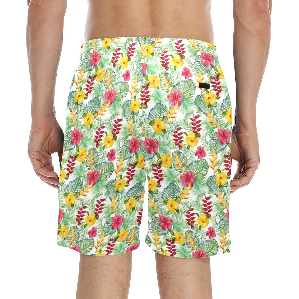 Tropical Flowers On White Men's Mid-Length Beach Shorts Men's Mid-Length Beach Shorts Plants Printed Offshore