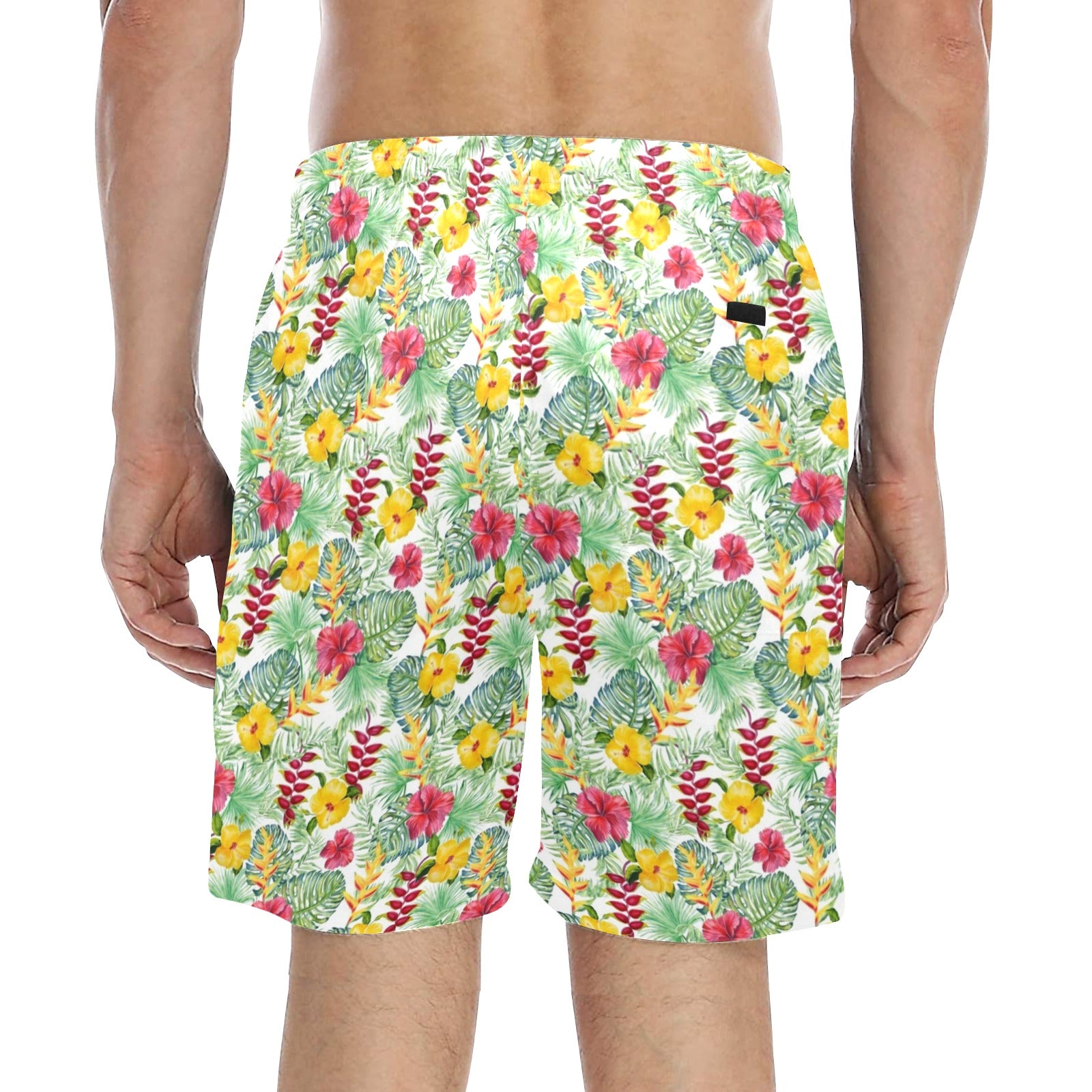 Tropical Flowers On White Men's Mid-Length Beach Shorts Men's Mid-Length Beach Shorts Plants Printed Offshore