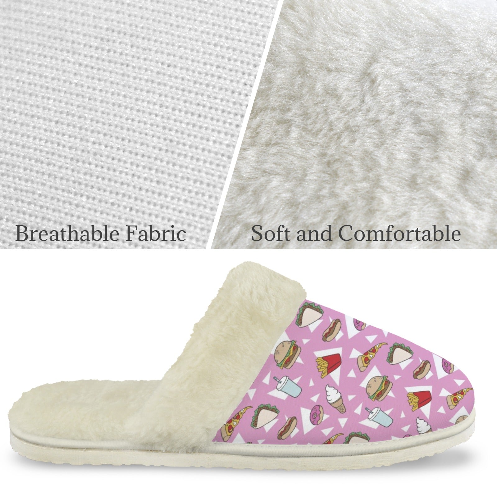 Fast Food Men's Fur Trim Thick-Sole Indoor Slippers Men's Fur Trimmed Slippers Food Printed Offshore