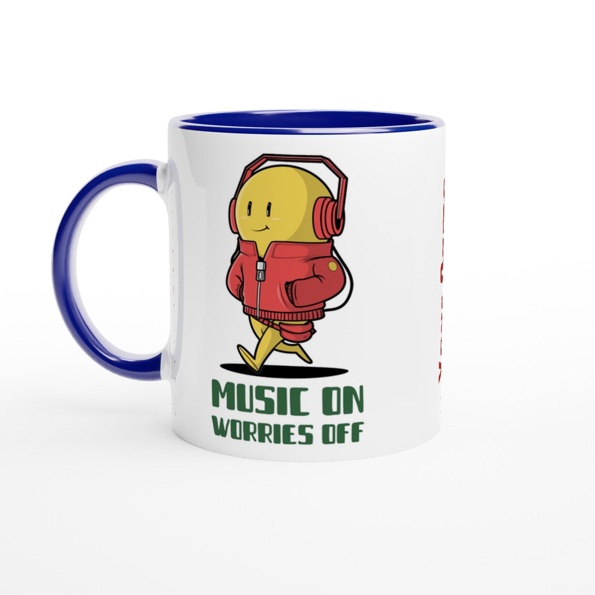 Personalised - Music On, Worries Off - White 11oz Ceramic Mug with Colour Inside Ceramic Blue Personalised 11oz Mug customise Globally Fulfilled Music personalise