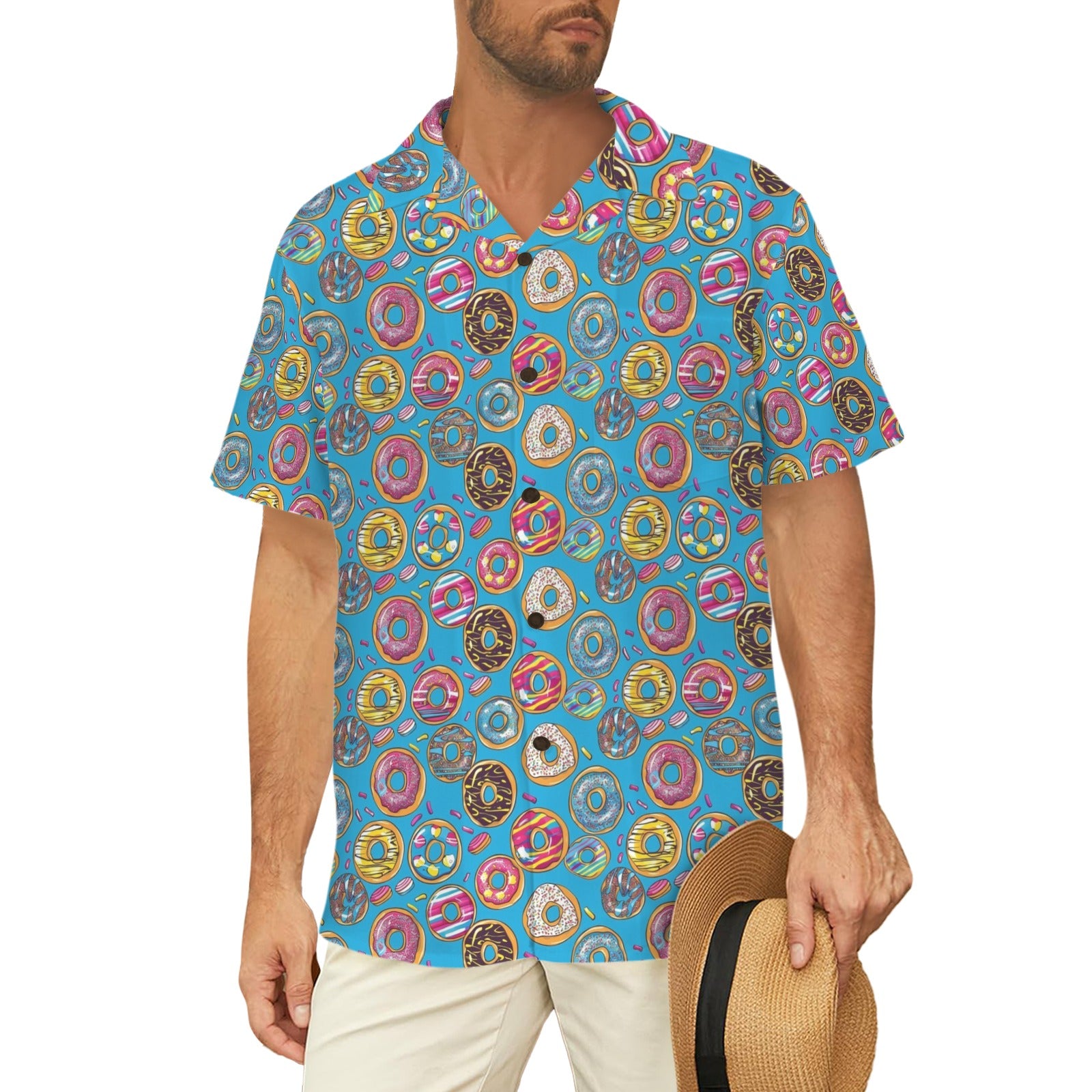 Doughnuts On Blue - Men's Short Sleeve Hawaiian Shirt Men's Hawaiian Shirt (New) Food Printed Offshore